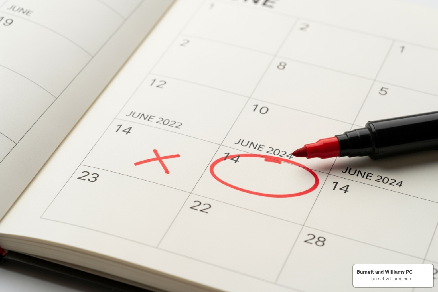 A calendar highlighting a two-year deadline for filing a personal injury claim, with a focus on the date of the car accident - car crash neck pain