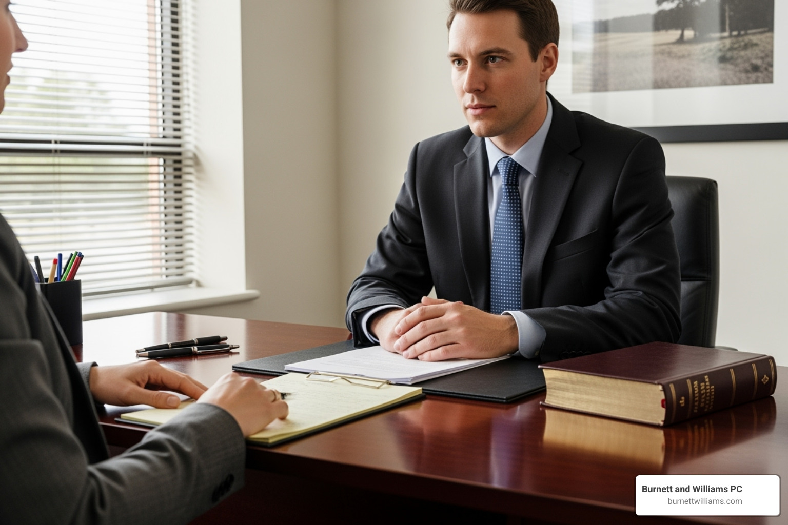 A compassionate lawyer meeting with a client, both in professional attire, in a well-lit office setting, with no faces visible - car crash neck pain