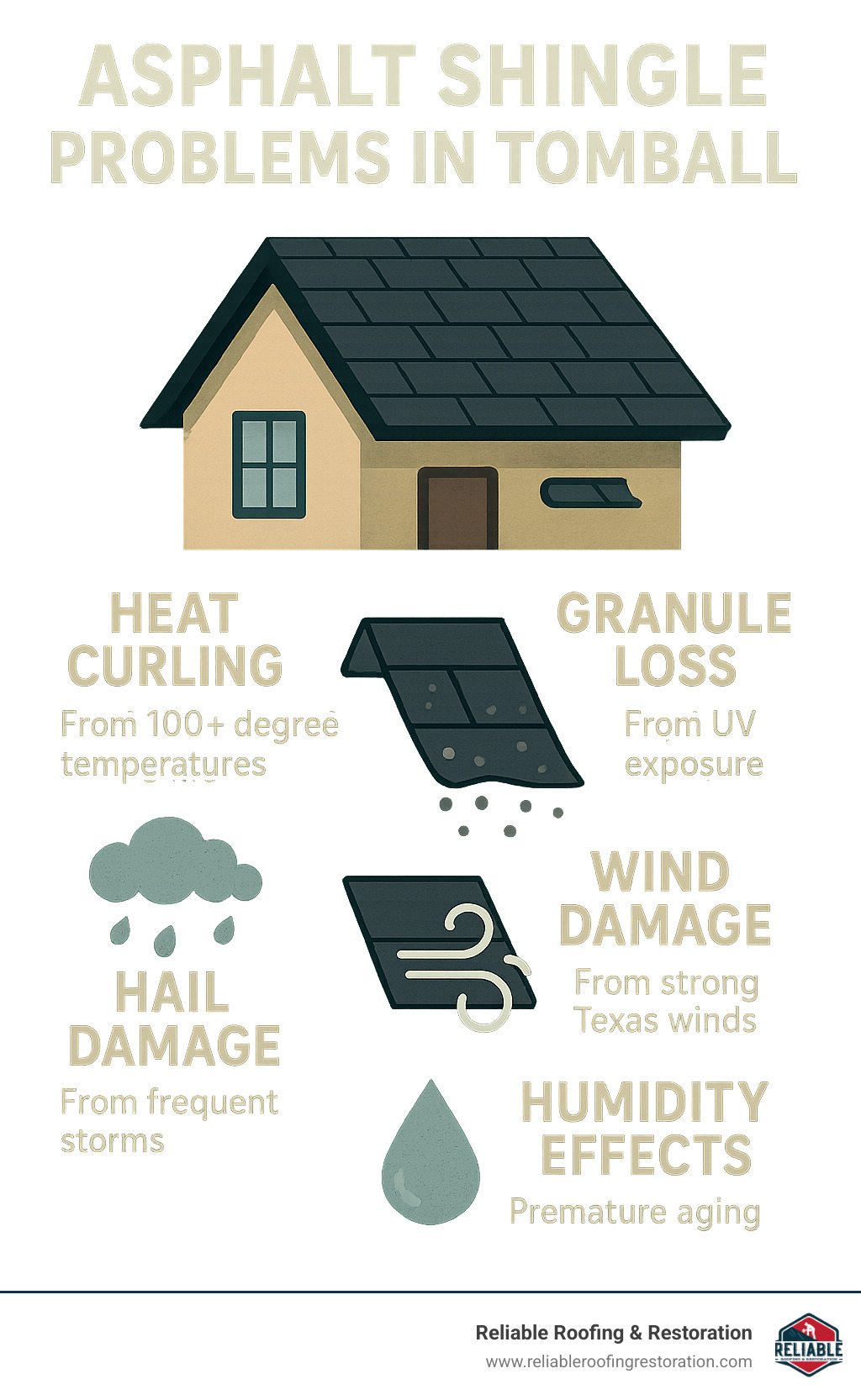 Infographic showing common asphalt shingle problems in Tomball including heat curling from 100+ degree temperatures, granule loss from UV exposure, hail damage from frequent storms, wind damage from strong Texas winds, and humidity effects causing premature aging - asphalt shingle roof repair tomball tx infographic 