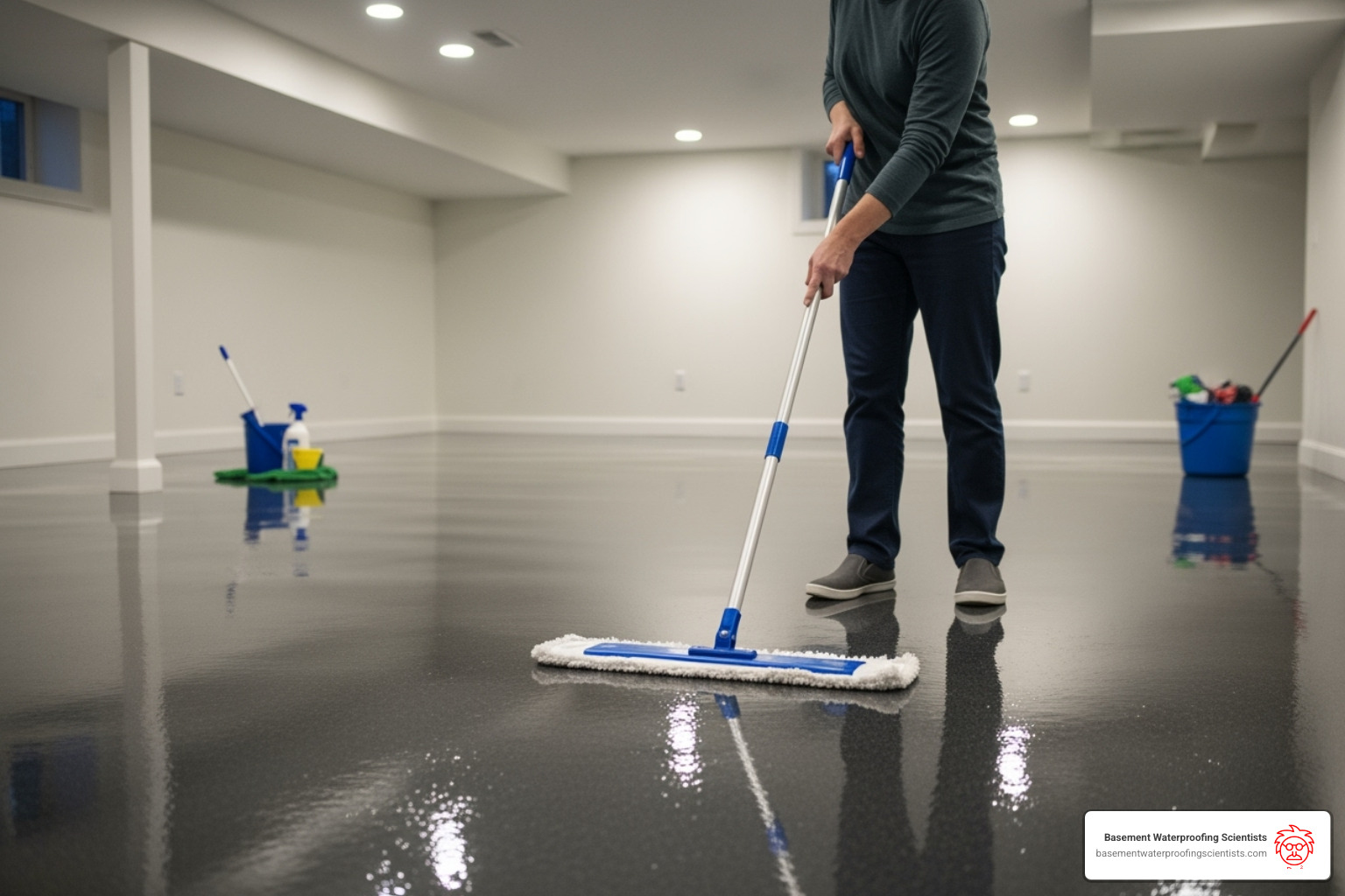 someone easily mopping a clean epoxy basement floor - epoxy flooring in basement
