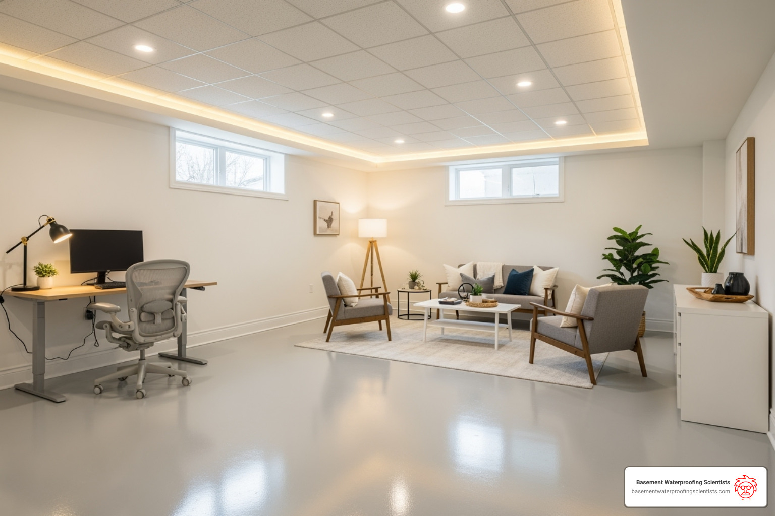 clean, bright basement with light-colored epoxy floor - epoxy flooring in basement