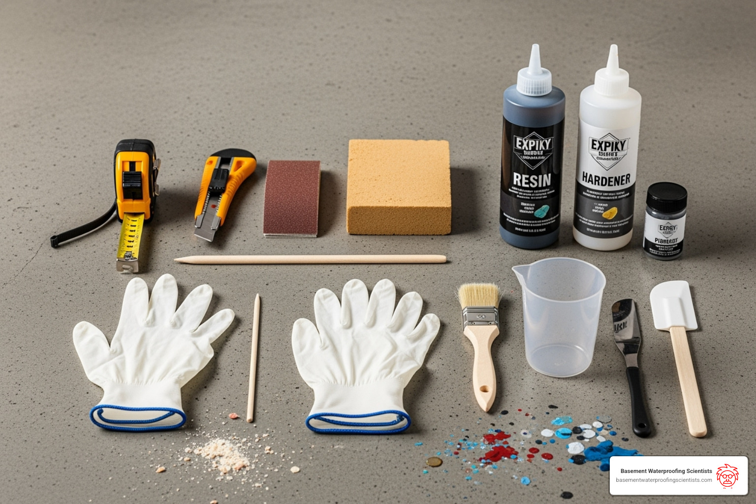 DIY tools and an epoxy kit laid out on a concrete floor - epoxy flooring in basement