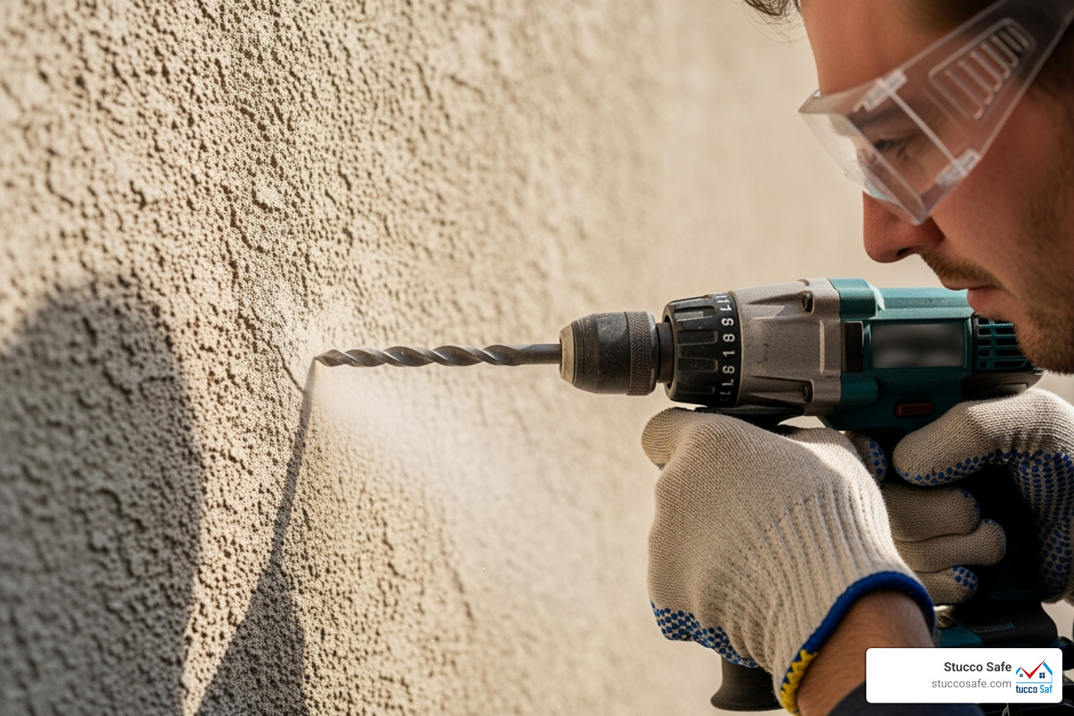 Person wearing safety goggles and drilling a pilot hole into a stucco wall with a masonry bit - stucco screw anchors