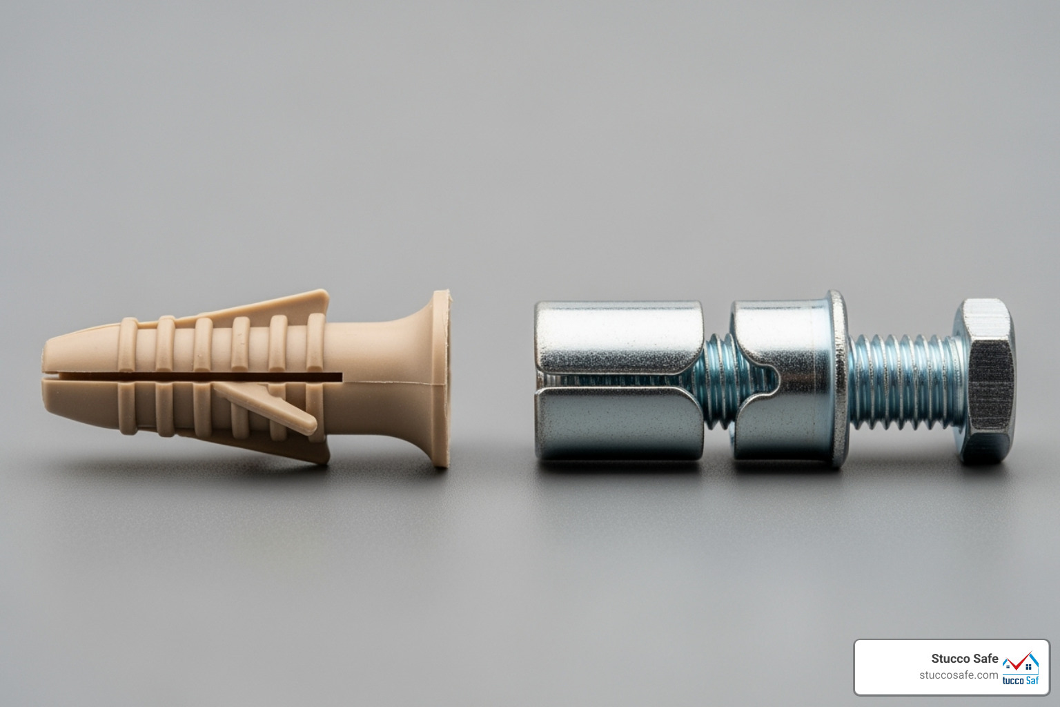 Close-up comparison of a plastic ribbed anchor and a metal sleeve anchor - stucco screw anchors