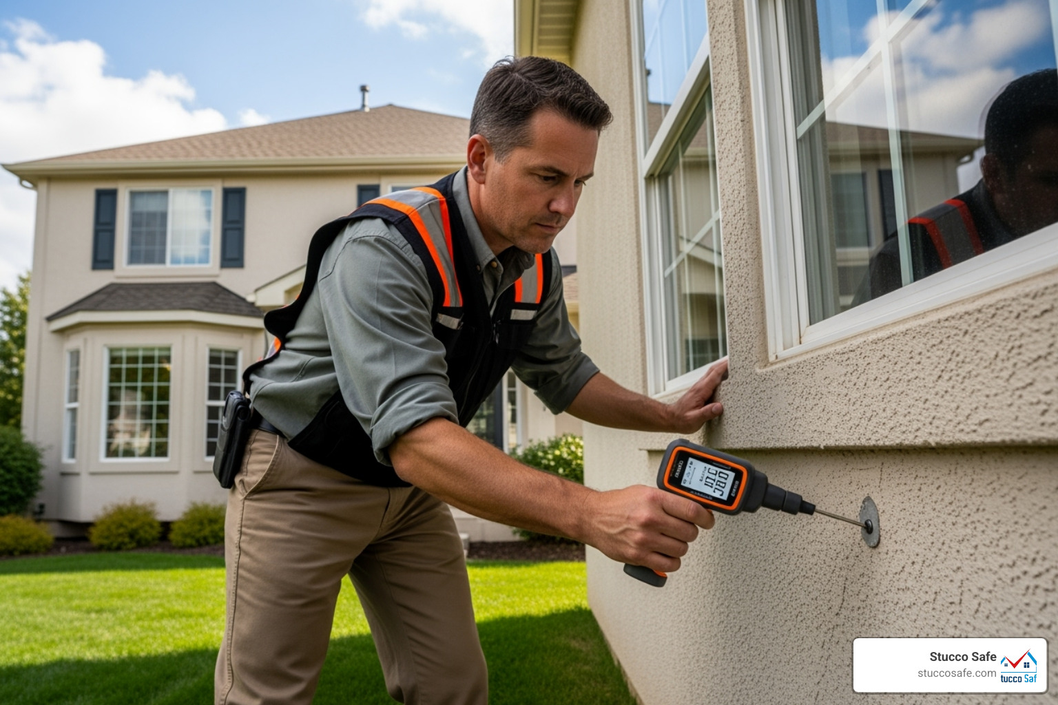 Stucco inspector examining a wall with a moisture meter - stucco screw anchors
