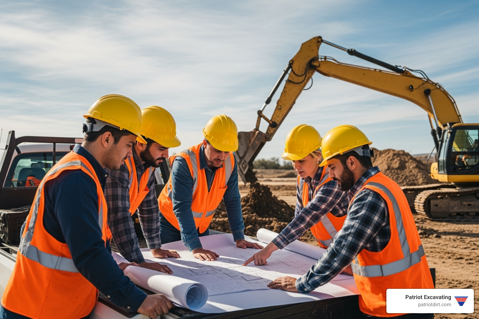 Patriot Excavating crew reviewing blueprints - Excavation Companies Noblesville IN