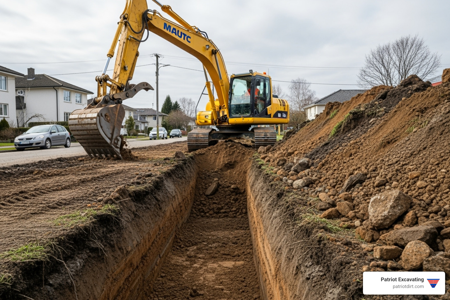 trench being dug for new sewer line by Patriot Excavating - Excavation Companies Noblesville IN