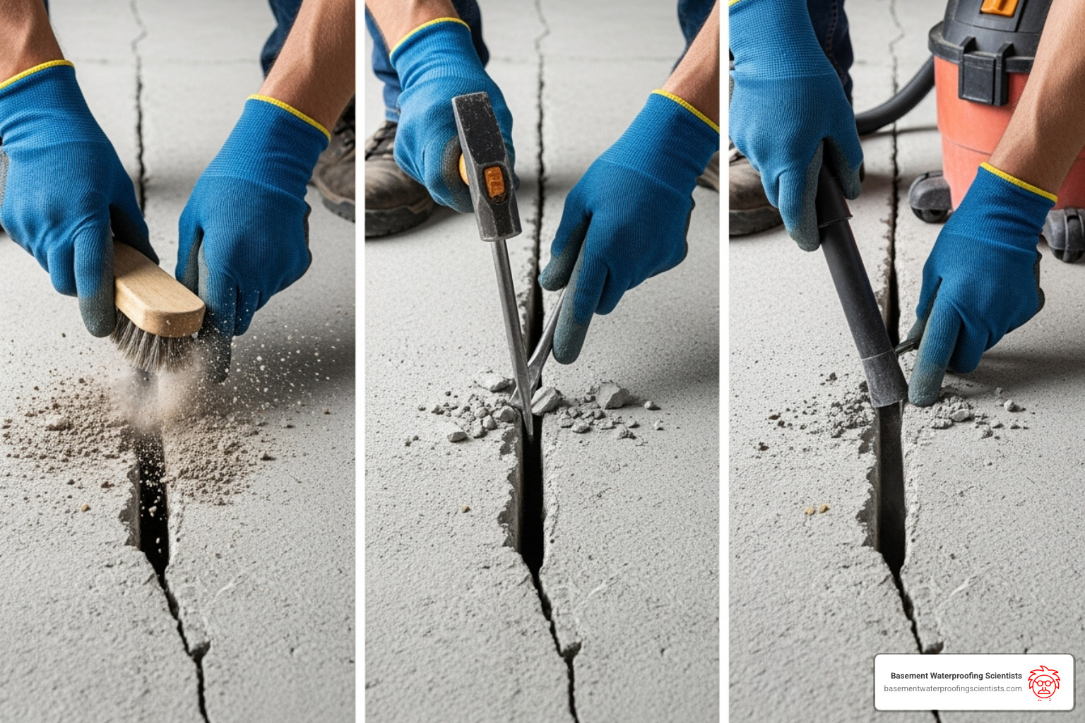 An image showing the key steps of crack preparation, starting with a wire brush to clean the crack, followed by chiseling to widen it slightly, and finally vacuuming up debris to ensure a clean surface for sealant application - best sealant for foundation cracks