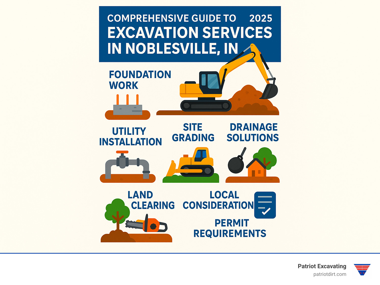 Comprehensive guide to excavation services in Noblesville IN including foundation work, utility installation, site grading, demolition services, drainage solutions, and land clearing with local soil considerations and permit requirements - Excavation Companies Noblesville IN infographic 