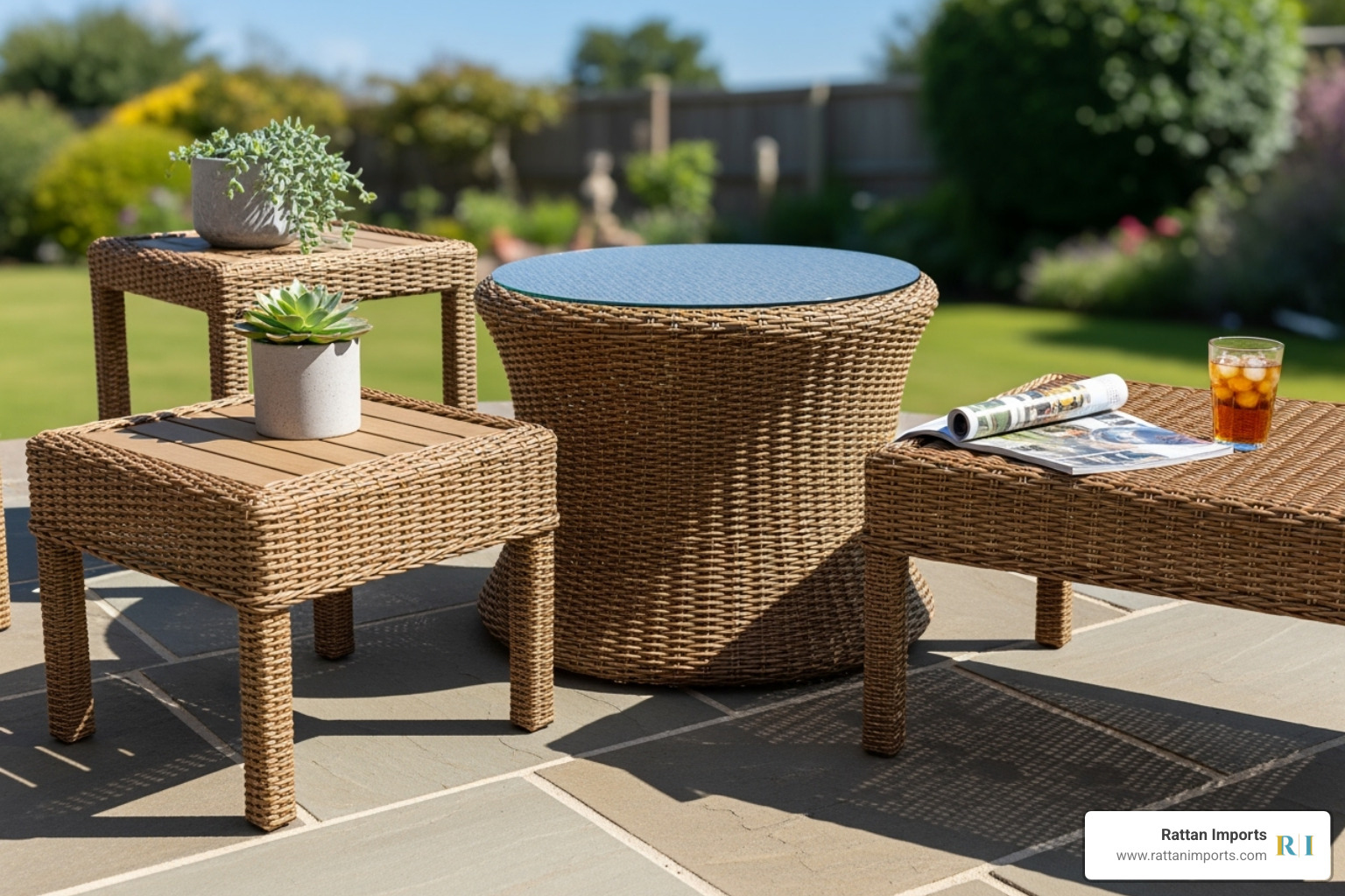 collection of different shaped wicker end tables (round, square, rectangular) - outdoor wicker end tables