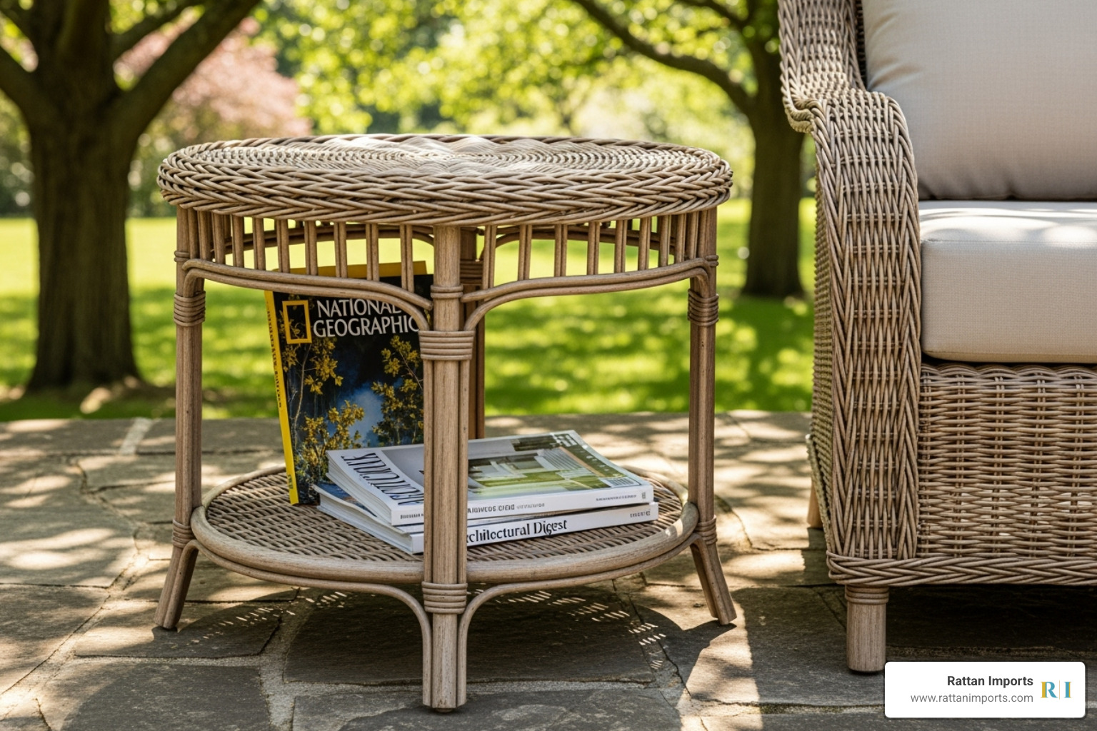 wicker end table with a lower storage shelf holding magazines - outdoor wicker end tables