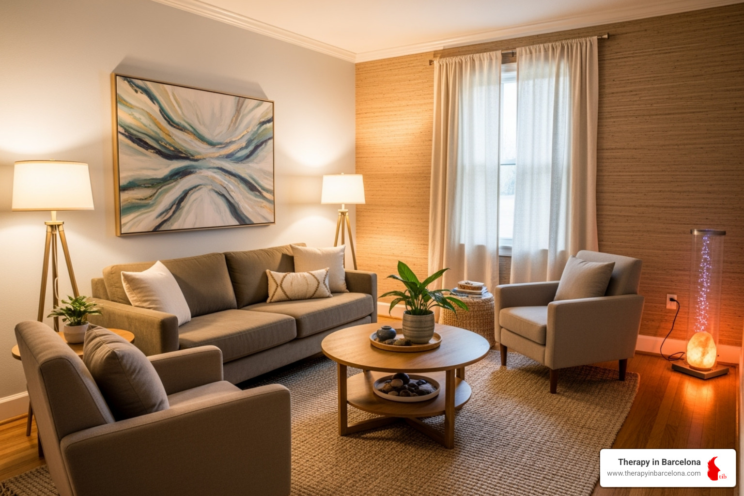 A warm and inviting therapy room with comfortable seating and soft lighting, conveying a sense of safety and calm - sex therapy for women