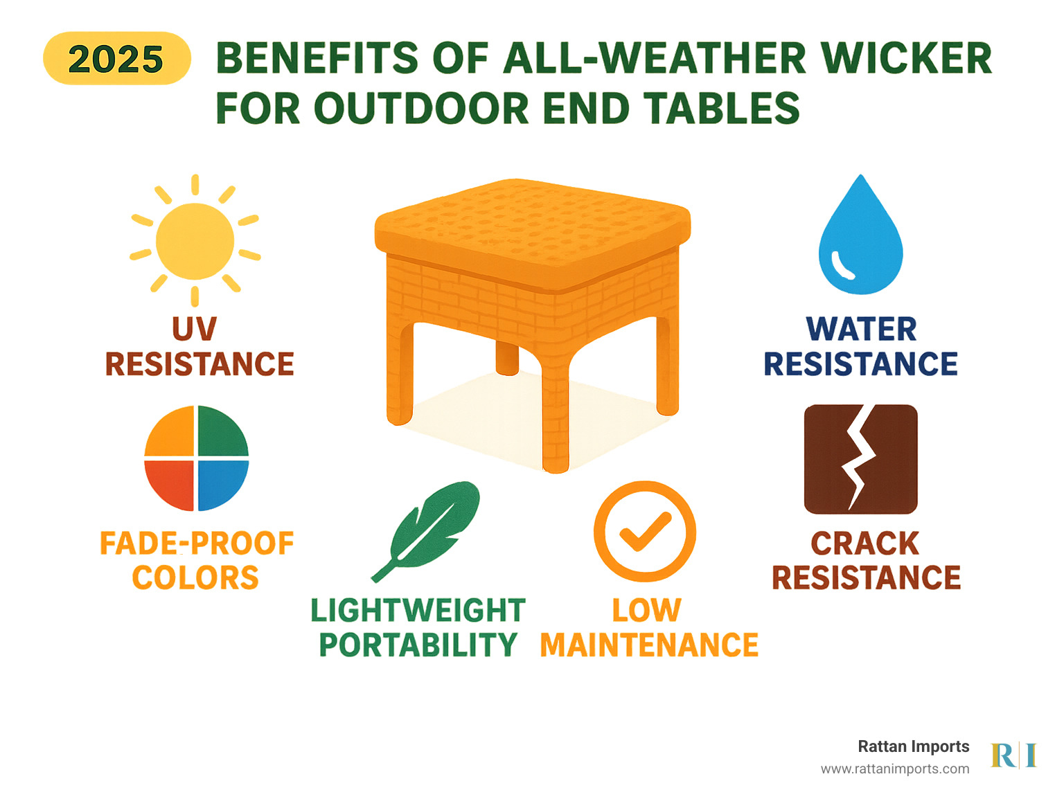 Benefits of All-Weather Wicker for Outdoor End Tables including UV resistance, water resistance, fade-proof colors, crack resistance, lightweight portability, and low maintenance requirements - outdoor wicker end tables infographic 