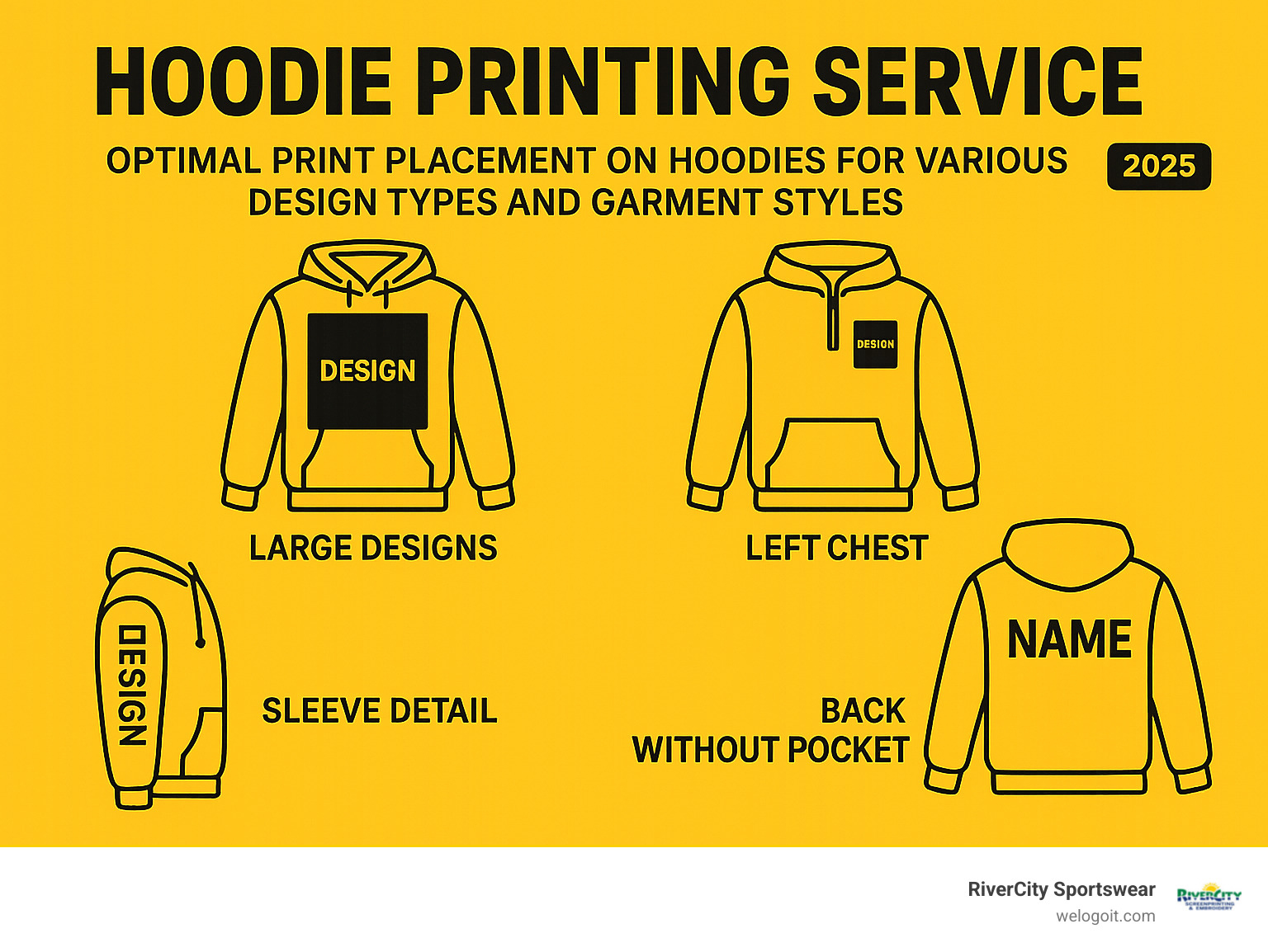 Infographic detailing optimal print placement on hoodies for various design types and garment styles - hoodie printing service infographic 
