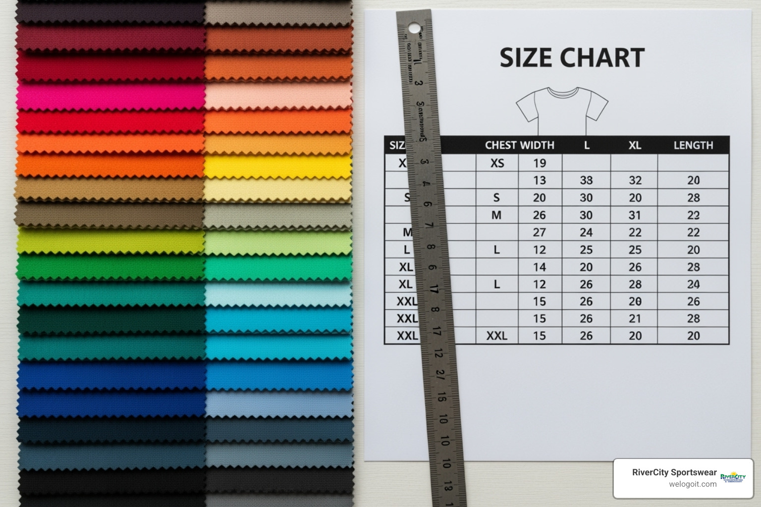 of color swatches & size chart - t shirt printing austin tx