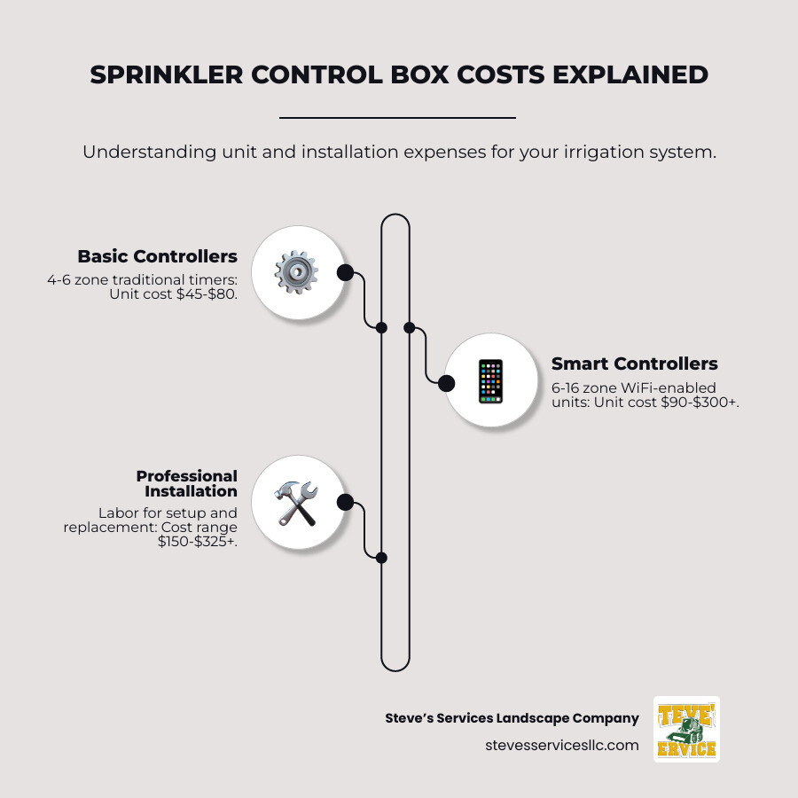 Detailed breakdown infographic showing sprinkler system components: control box ($45-300), installation labor ($150-325), optional smart features (WiFi, weather sensors, app control), and zone capacity comparison from 4-zone basic units to 16+ zone commercial controllers - cost of sprinkler system control box infographic infographic-line-3-steps-neat_beige