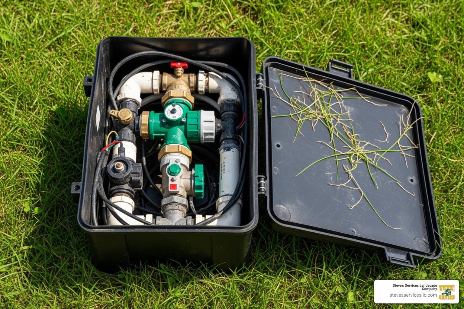 open sprinkler valve box in a lawn - cost of sprinkler system control box