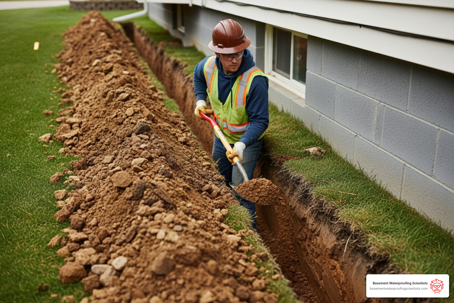 trench being dug for an exterior drain tile system - drainage tiles around house