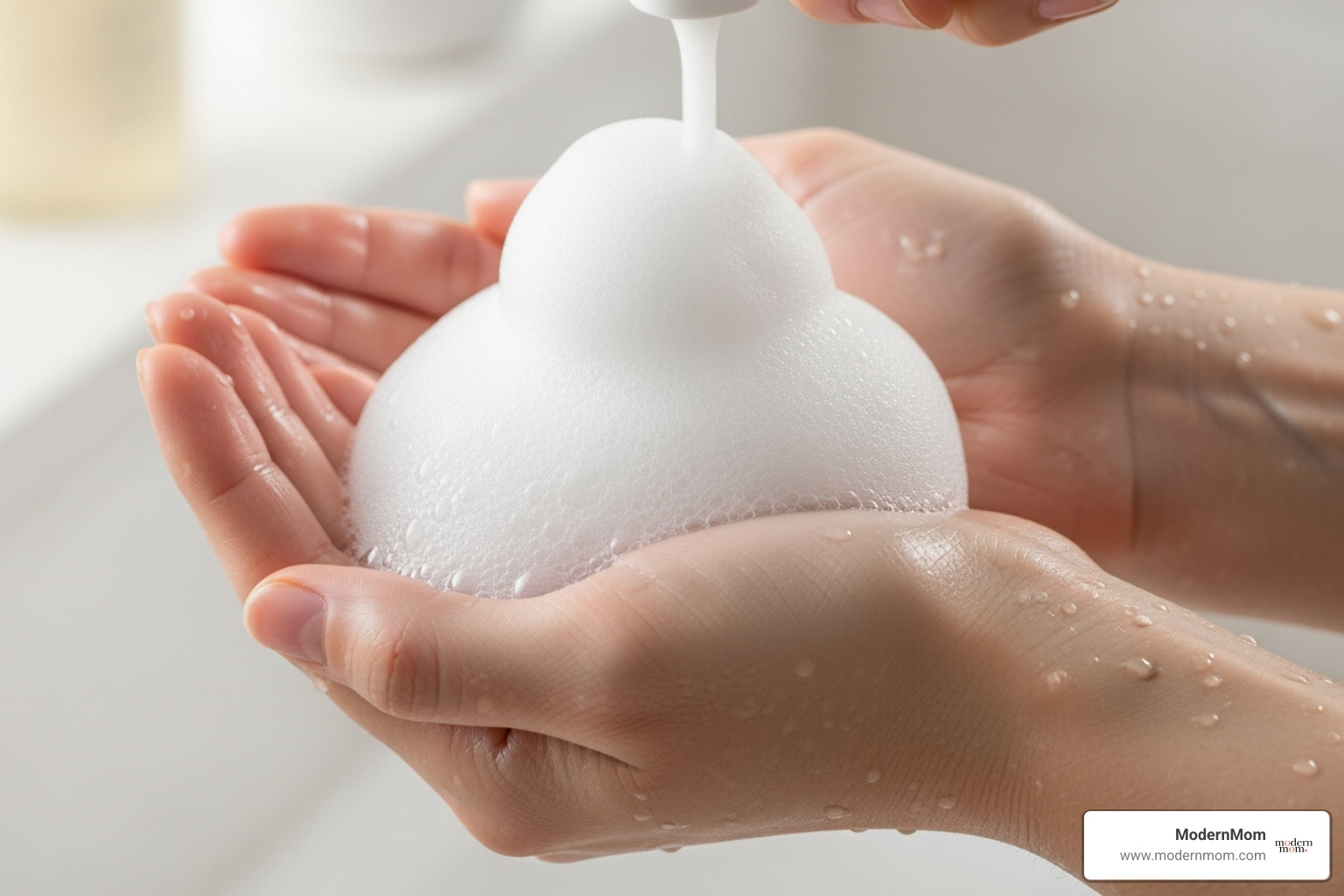 A gentle, foaming cleanser being dispensed onto hands, showing a soft, airy texture - cleanser for combination skin
