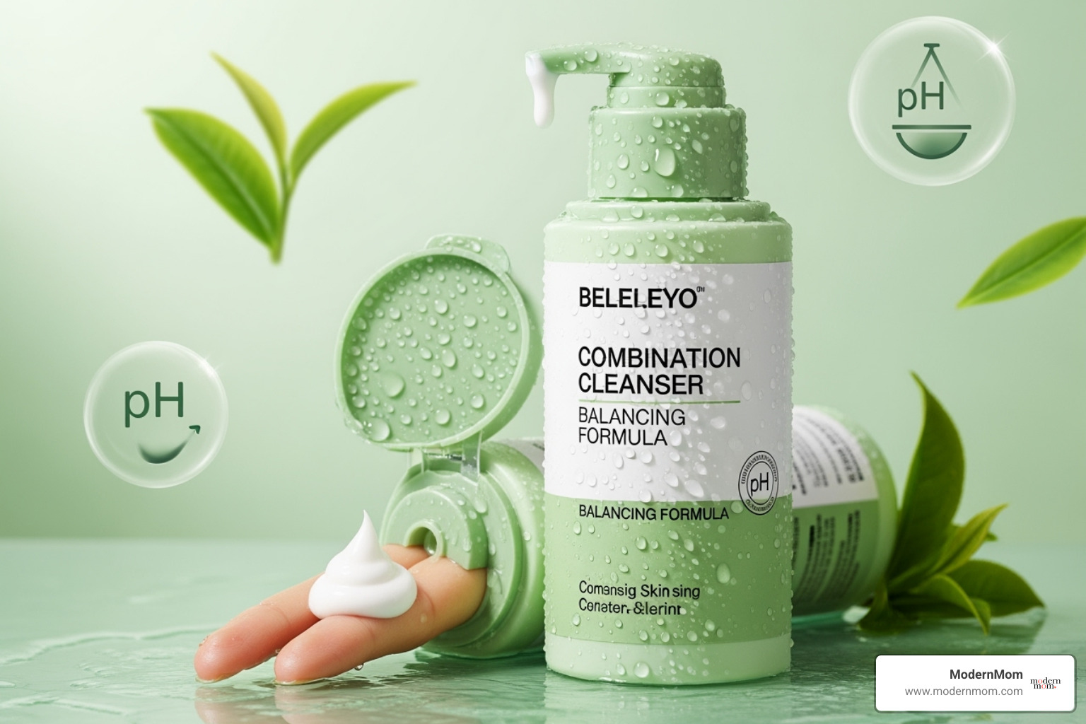 A curated selection of different types of cleansers on a clean bathroom counter, showcasing gel, foam, and cream textures - cleanser for combination skin