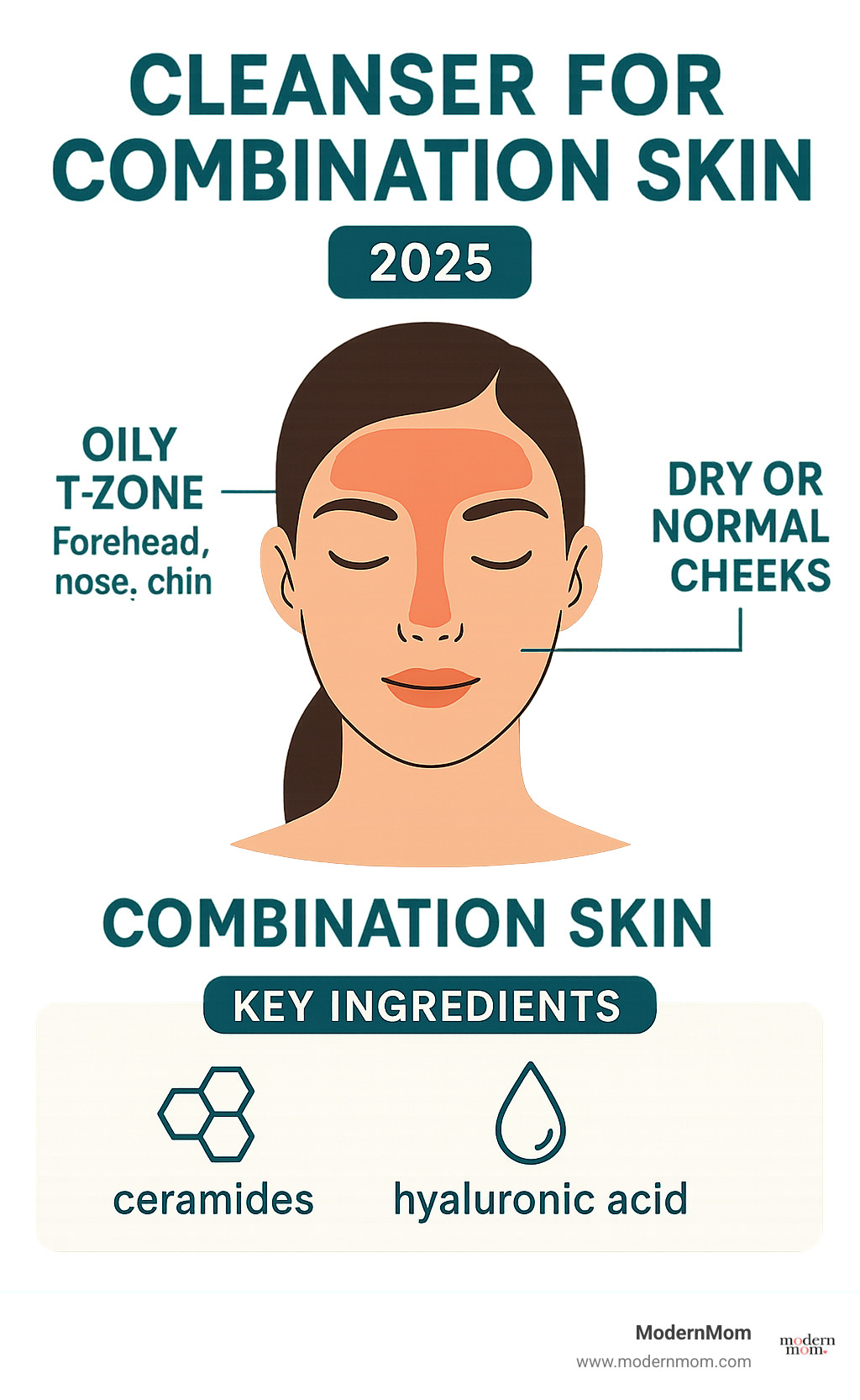 Infographic showing combination skin characteristics with oily T-zone (forehead, nose, chin) highlighted in one color and dry or normal cheeks in another color, plus key cleanser ingredients like ceramides and hyaluronic acid - cleanser for combination skin infographic 