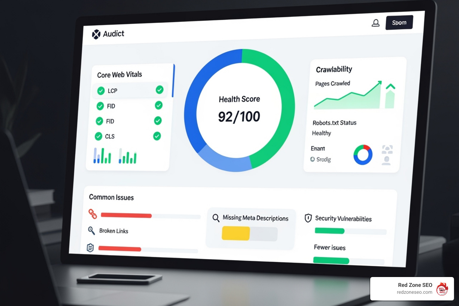 Site audit tool dashboard showing health score and issues - SEO data analysis