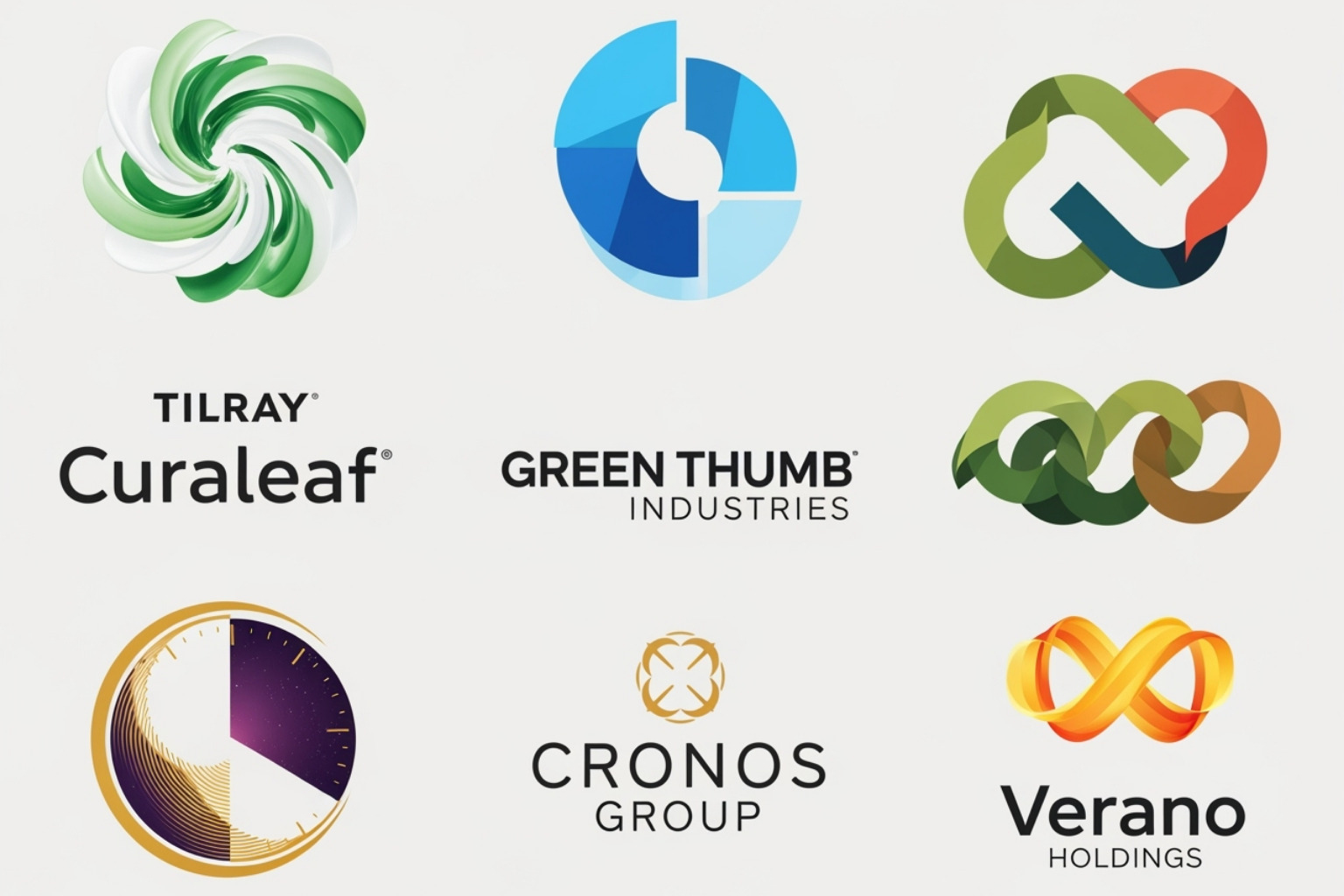 Logos of top-rated cannabis companies like Tilray, Curaleaf, Green Thumb Industries, Cronos Group, and Verano Holdings - 5starsstocks.com cannabis