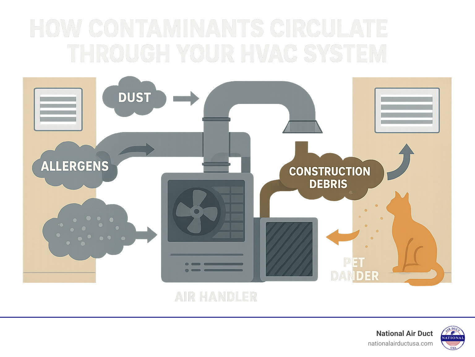 Infographic showing how dust, allergens, pet dander, and construction debris circulate through a home's HVAC system, highlighting contamination points in ductwork, vents, and air handler components - Air Duct Cleaning Westbury NY infographic 