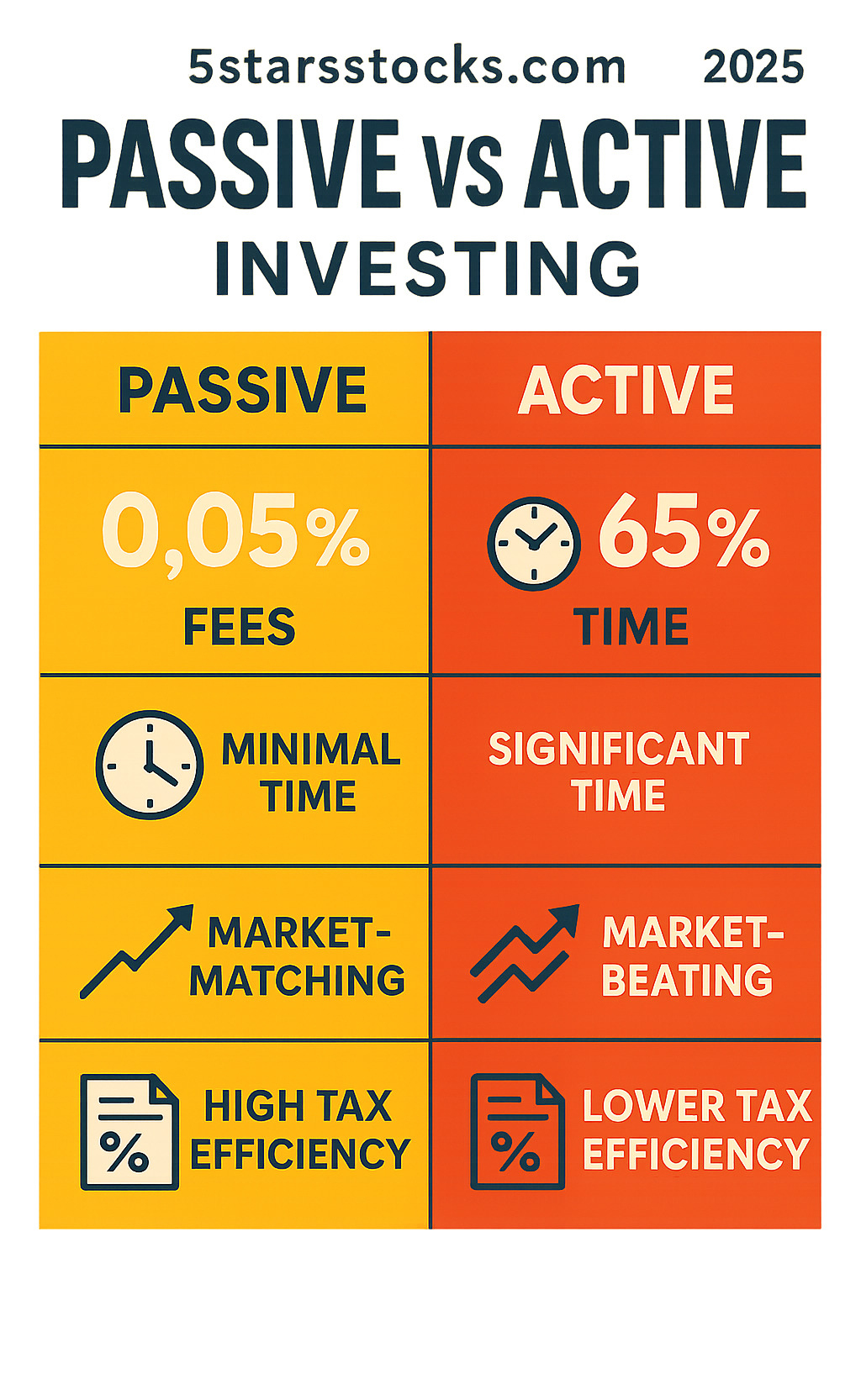 Infographic showing passive vs active investing comparison with key metrics: passive investing shows 0.05% fees, minimal time commitment, market-matching strategy, and high tax efficiency, while active investing shows 0.65% fees, significant time required, market-beating attempts, and lower tax efficiency - 5starsstocks.com passive stock infographic 