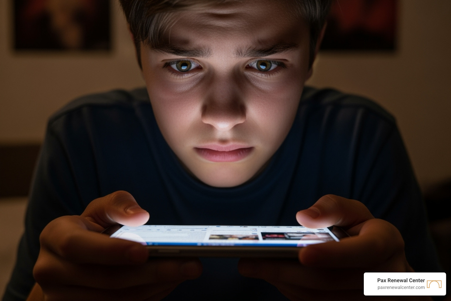 Teenager scrolling on phone, with a distressed expression - faith-based therapy programs for teens