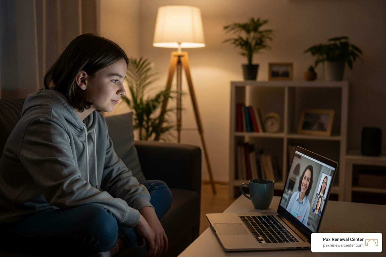 Teenager participating in a teletherapy session on a laptop - faith-based therapy programs for teens