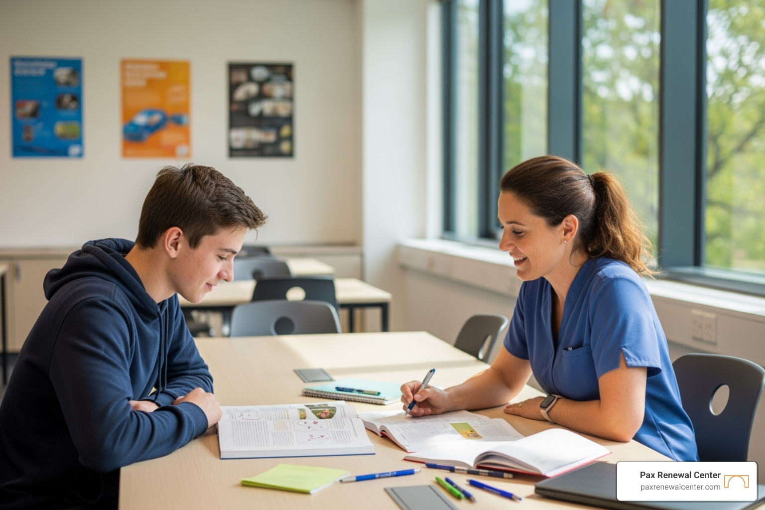 Teenager and therapist in a bright, modern classroom setting, possibly during an academic support session - faith-based therapy programs for teens