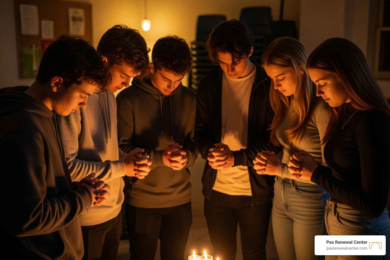 Group of teens in a prayer circle, with warm lighting - faith-based therapy programs for teens