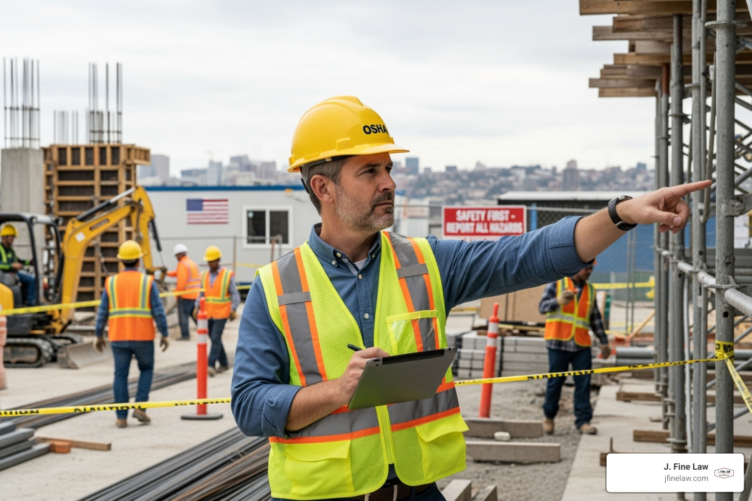 OSHA compliance officer inspecting a worksite. - workplace accident law