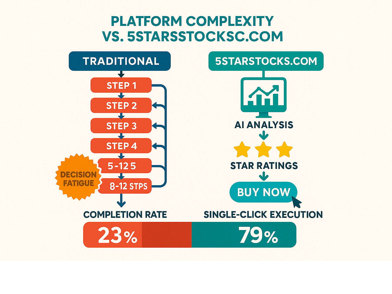 Infographic showing traditional platform complexity with 8-12 steps and decision fatigue versus 5starsstocks.com streamlined approach with AI analysis, star ratings, and single-click execution leading to 79% completion rates - 5starsstocks.com buy now infographic 