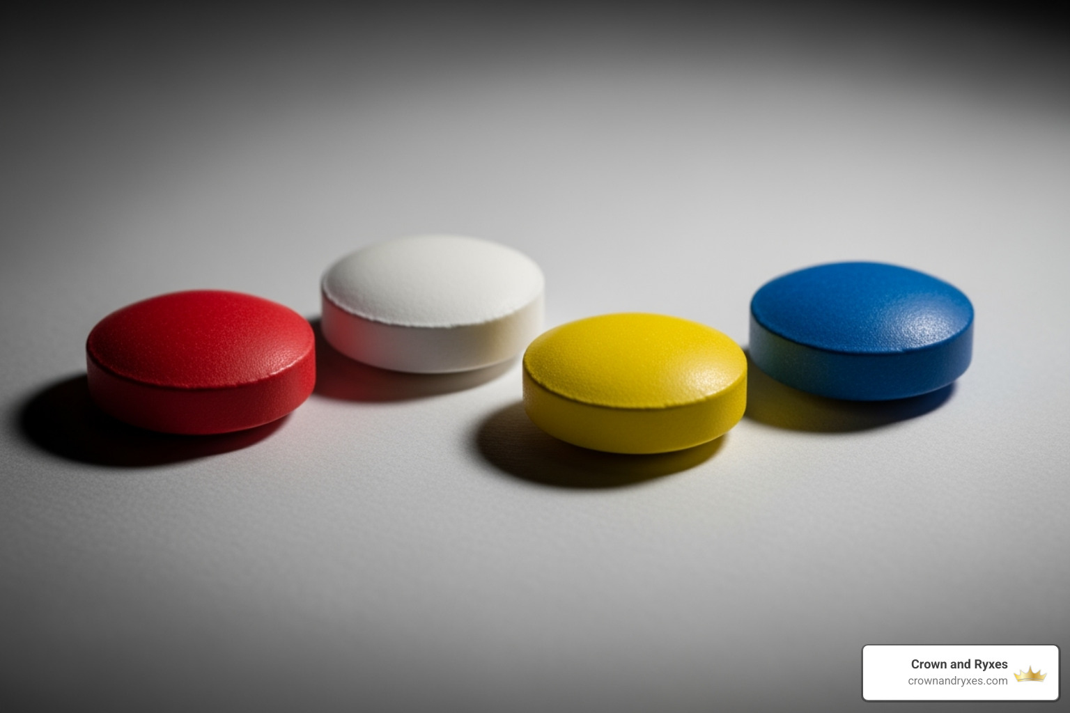 four different colored, nondescript pills on a neutral background - Oral ED medication