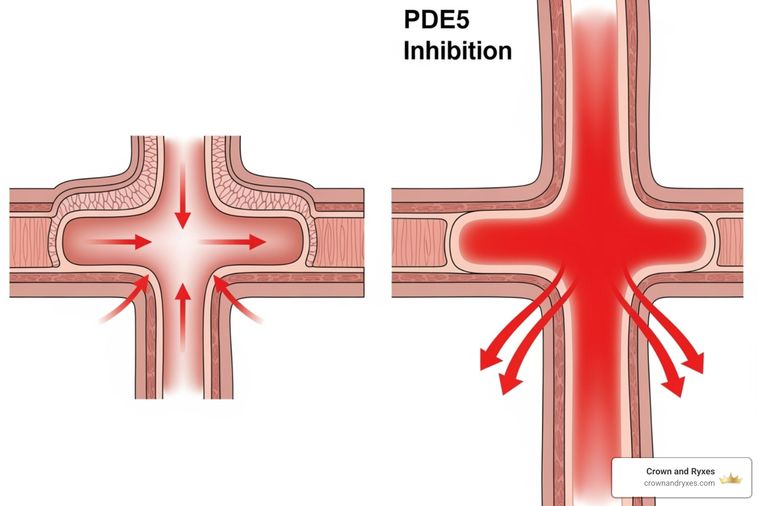 simplified diagram showing PDE5 inhibition and blood flow - Oral ED medication
