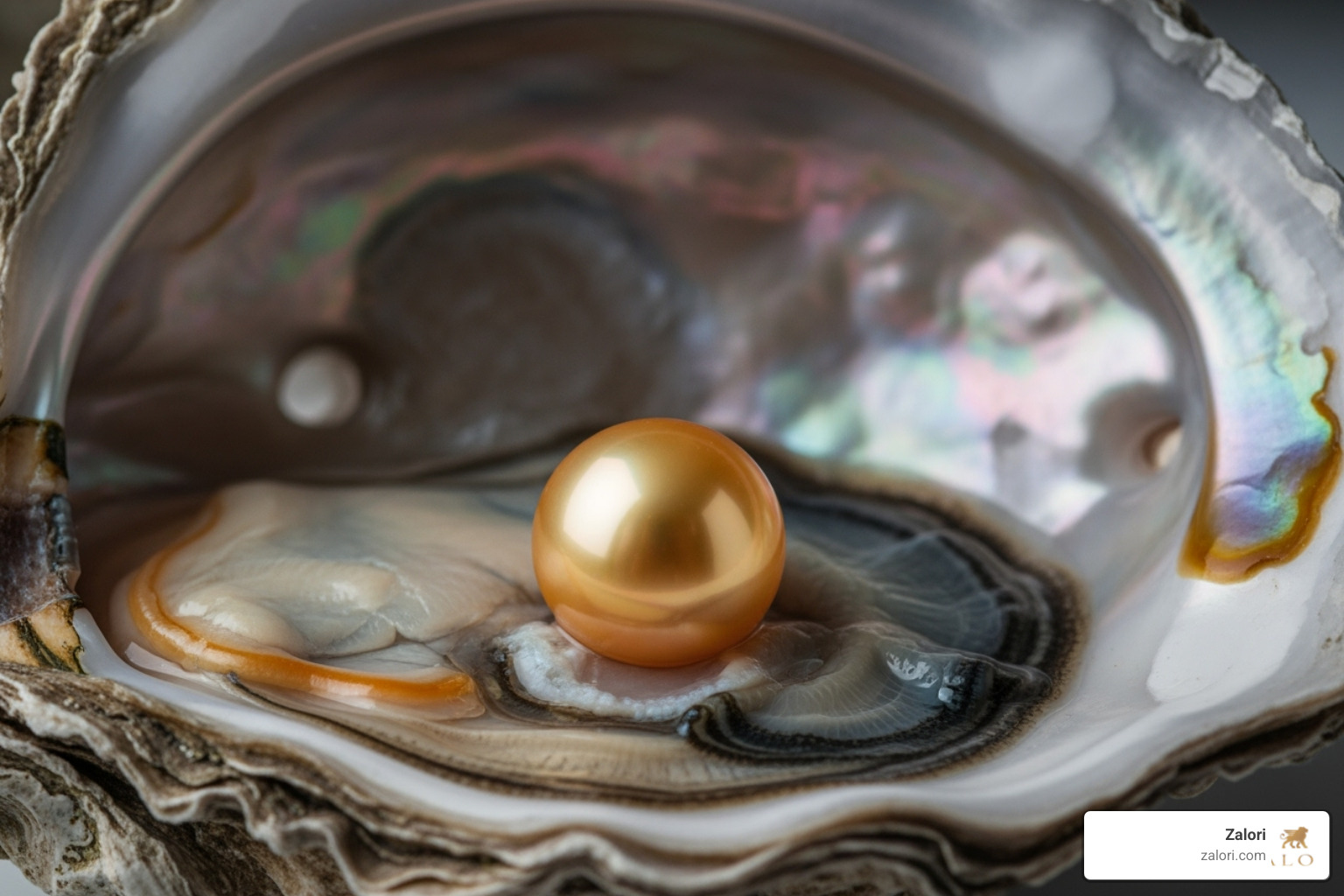 golden South Sea pearl in an oyster shell - South Sea pearls