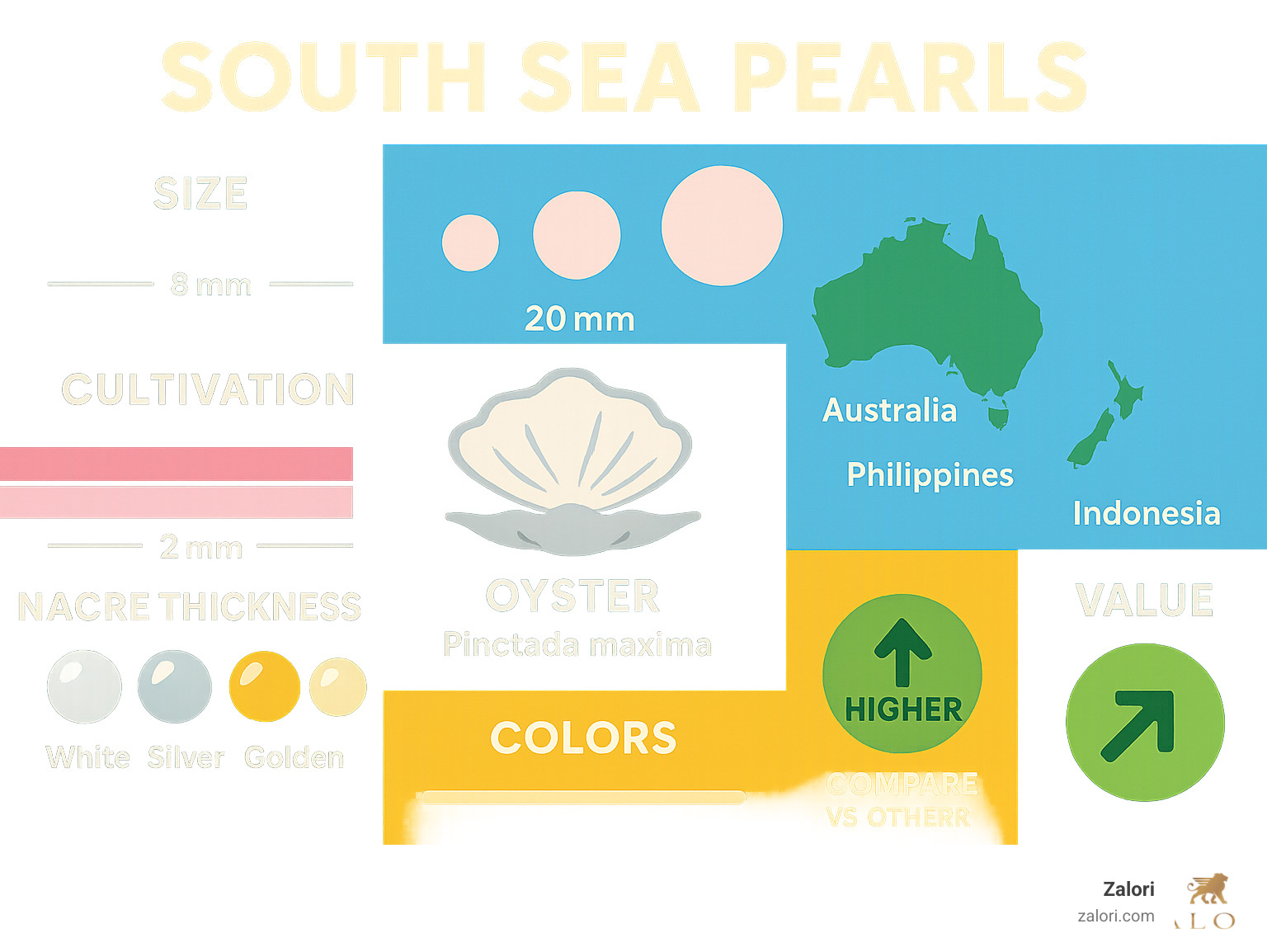 Comprehensive comparison chart showing South Sea pearl characteristics including size ranges, cultivation locations, oyster types, nacre thickness measurements, color varieties, and value factors compared to other pearl types - South Sea pearls infographic 