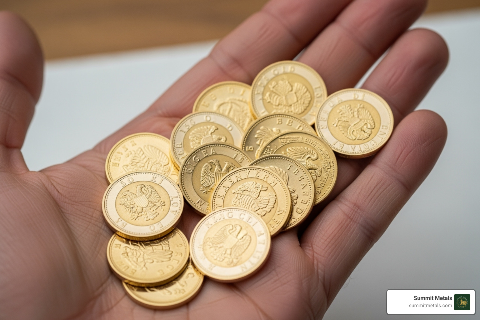 hand holding several 1/10 oz gold coins to show divisibility - should i buy gold bar vs gold coin