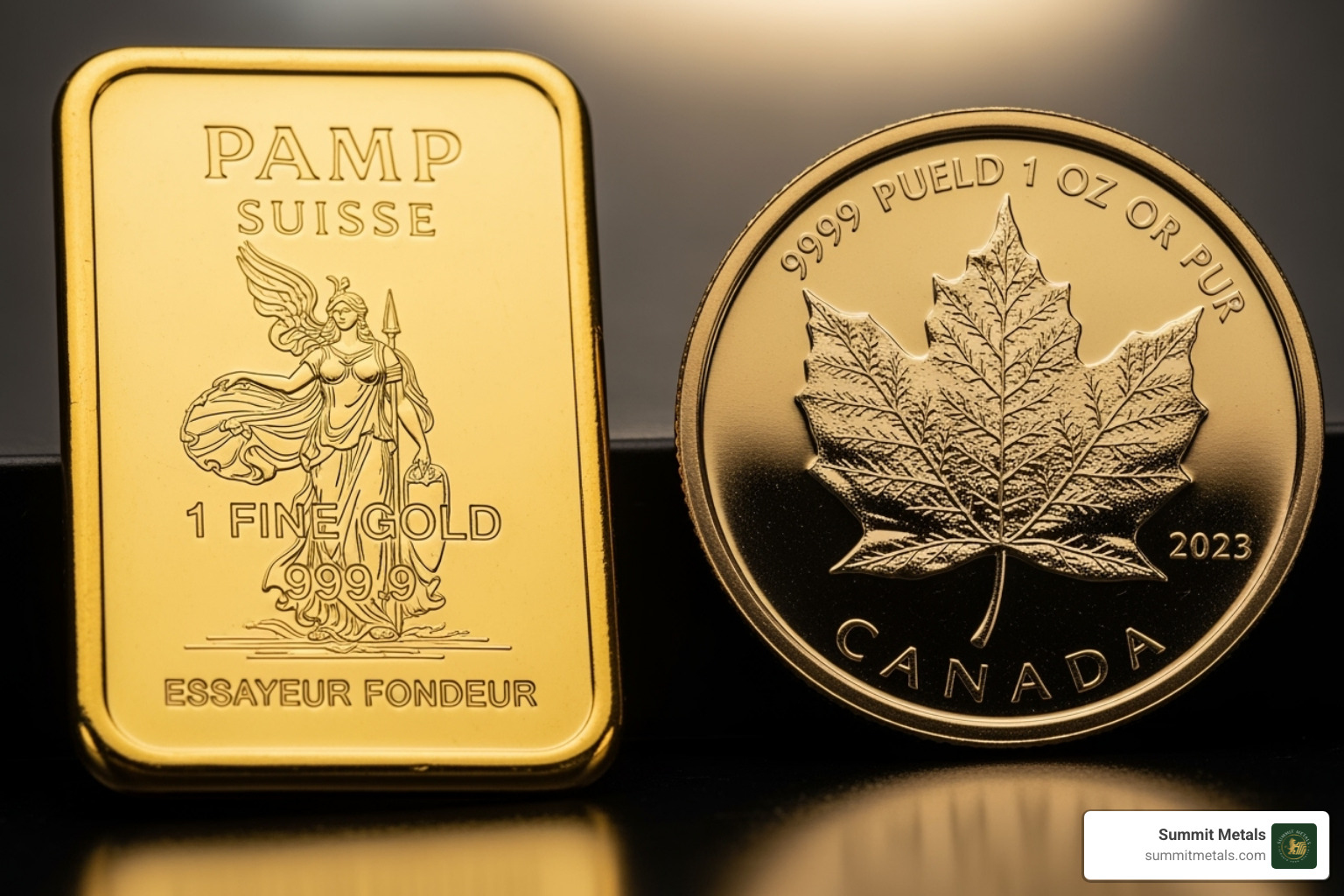 close-up of purity markings on a PAMP Suisse bar and a Canadian Maple Leaf coin - should i buy gold bar vs gold coin