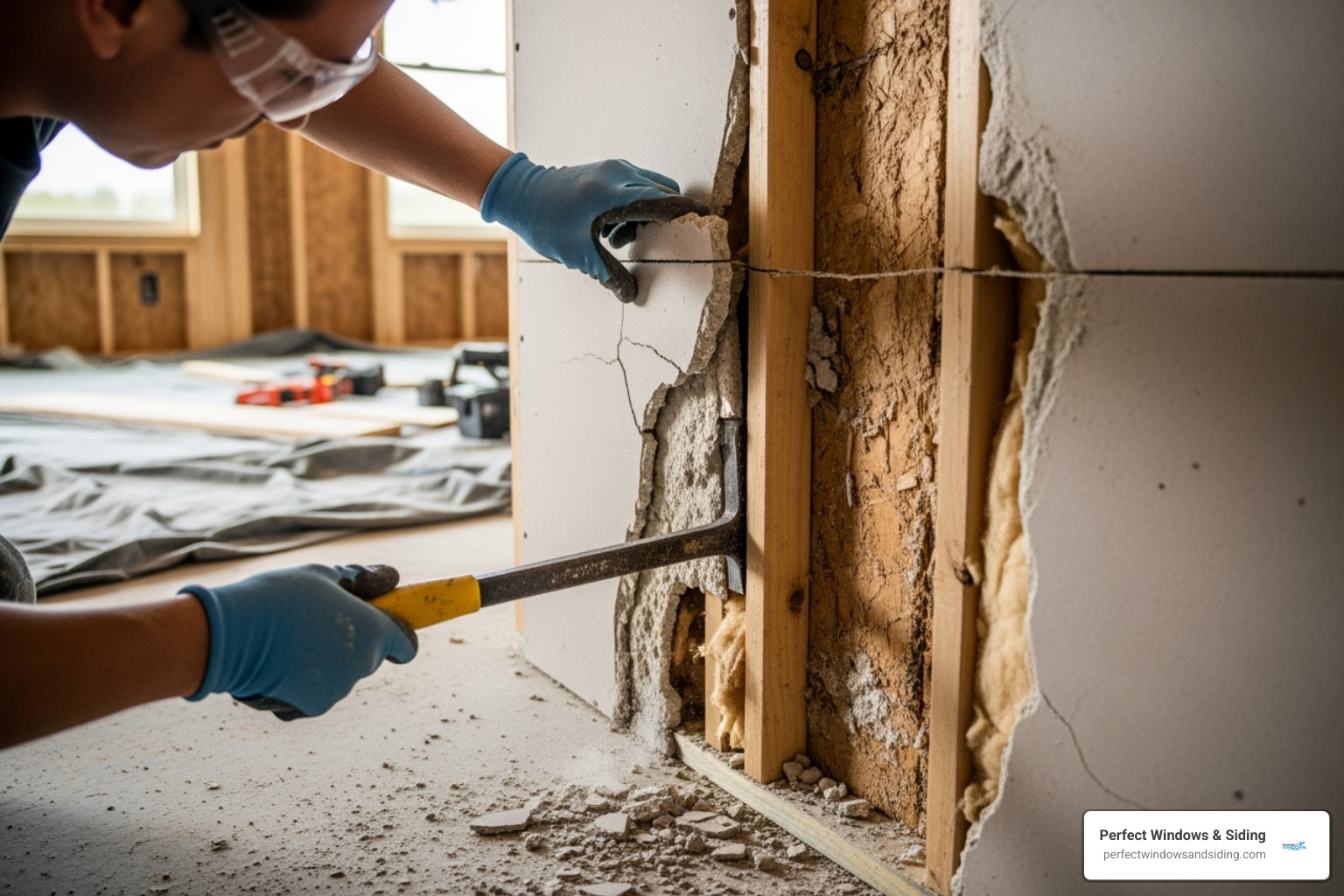 person removing damaged cement board - cement board replacement