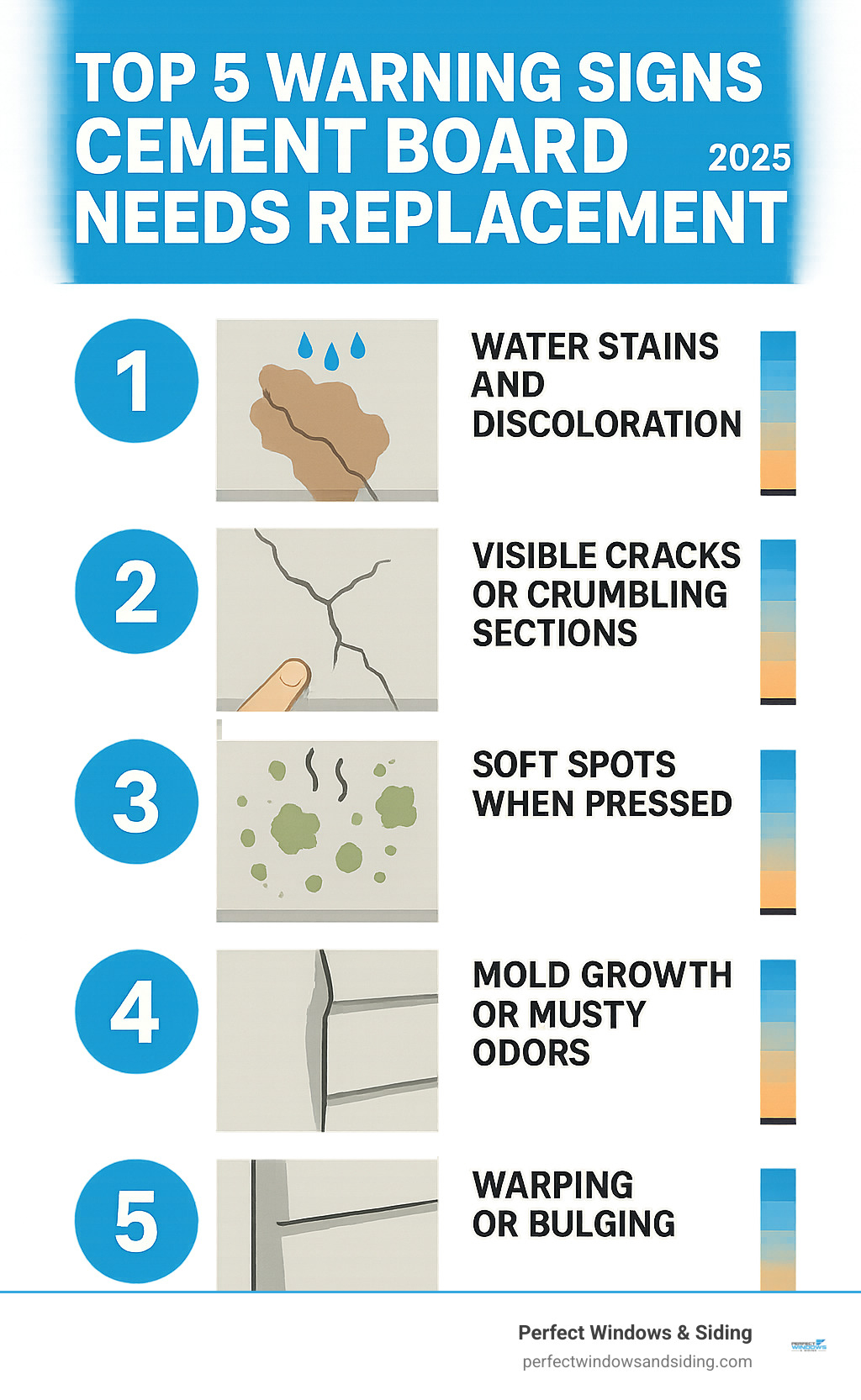 Comprehensive infographic showing the top 5 warning signs that indicate cement board needs replacement: water stains and discoloration, visible cracks or crumbling sections, soft spots when pressed, mold growth or musty odors, and warping or bulging that creates gaps, with visual examples and severity indicators for each sign - cement board replacement infographic 