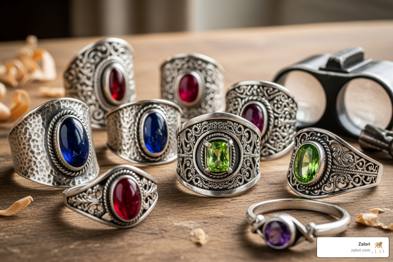 collection of handmade silver rings with various gemstones - handmade silver jewelry