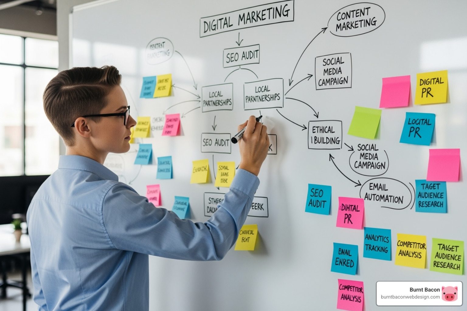 Digital marketer planning a strategy on a whiteboard, surrounded by sticky notes with keywords like 'content marketing', 'digital PR', 'local partnerships', and 'ethical link building' - high traffic link building utah