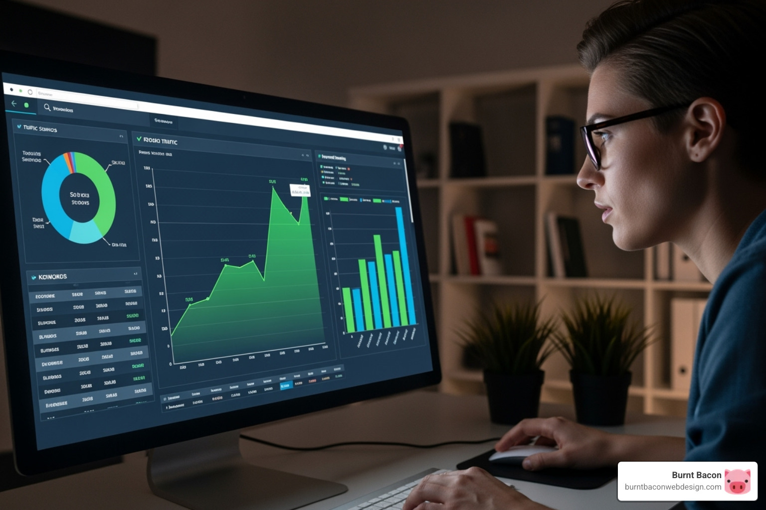 Person analyzing data on a computer screen, with charts and graphs showing website traffic and ranking improvements - high traffic link building utah