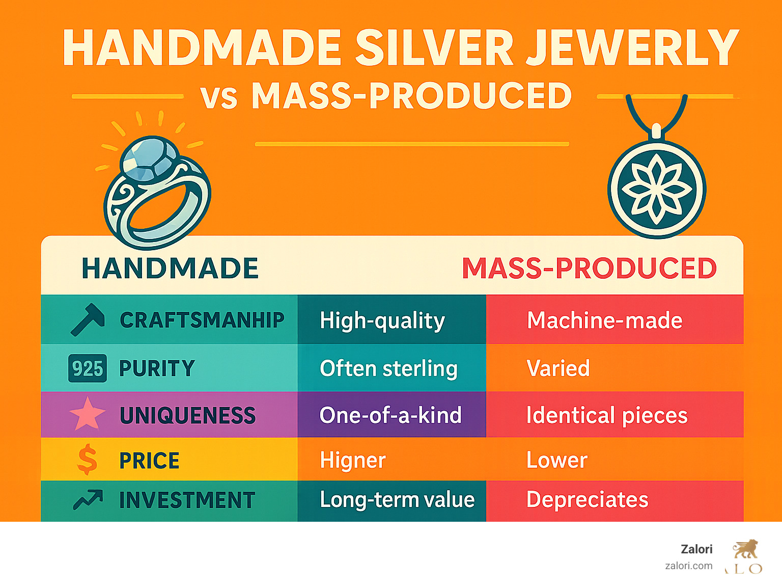 Infographic showing the key differences between handmade and mass-produced silver jewelry, including craftsmanship quality, material purity, uniqueness factors, price points, and investment value - handmade silver jewelry infographic 