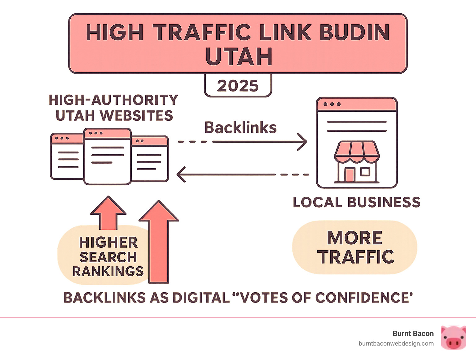 Infographic showing how backlinks work as digital votes of confidence, with arrows flowing from high-authority Utah websites to a local business website, demonstrating increased search rankings and traffic flow - high traffic link building utah infographic 