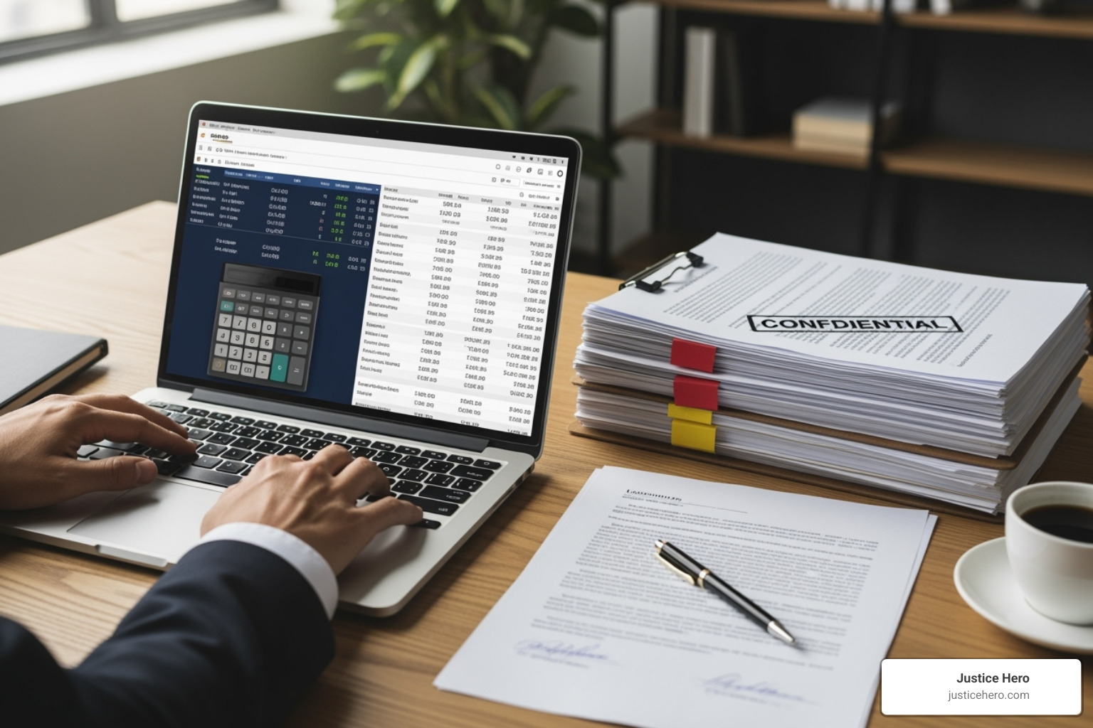 Person using a calculator on a laptop with legal documents nearby - pfas settlement calculator