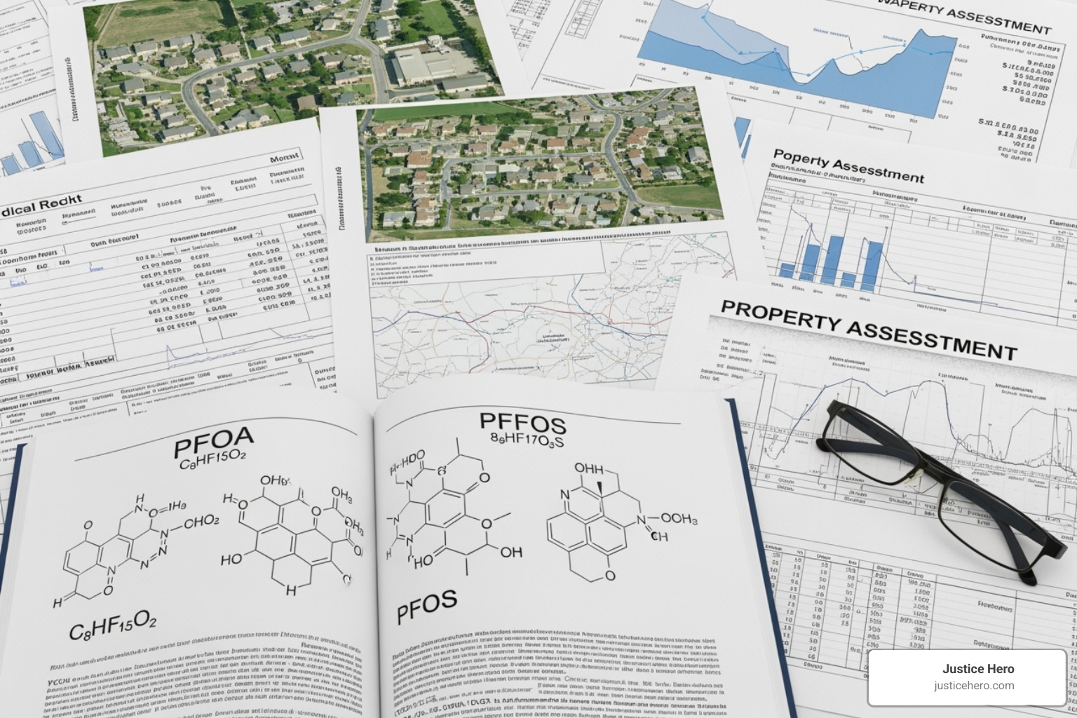 Scientific document showing chemical structures of PFOA and PFOS with medical records, water quality reports, and property assessments overlaid - pfas settlement calculator